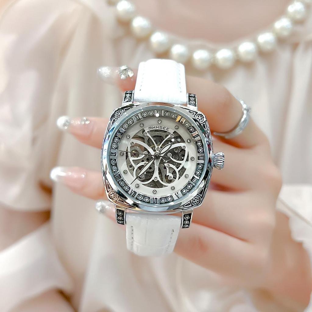 Automatic Mechanical Watch for Women Hollow‑Out Skeleton Dial Luminous Hands Watch Leather Band Waterproof