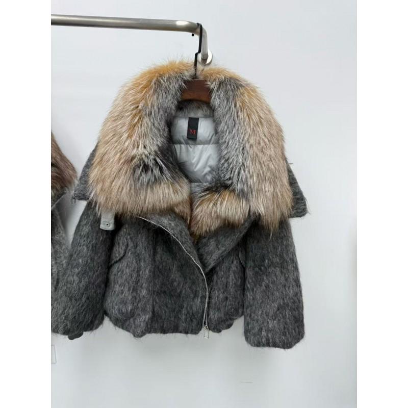 Womens 2026 Winter Goose Down Coat With Real Fox Fur Collar Loose Wool-Blend Puffer Short Jacket
