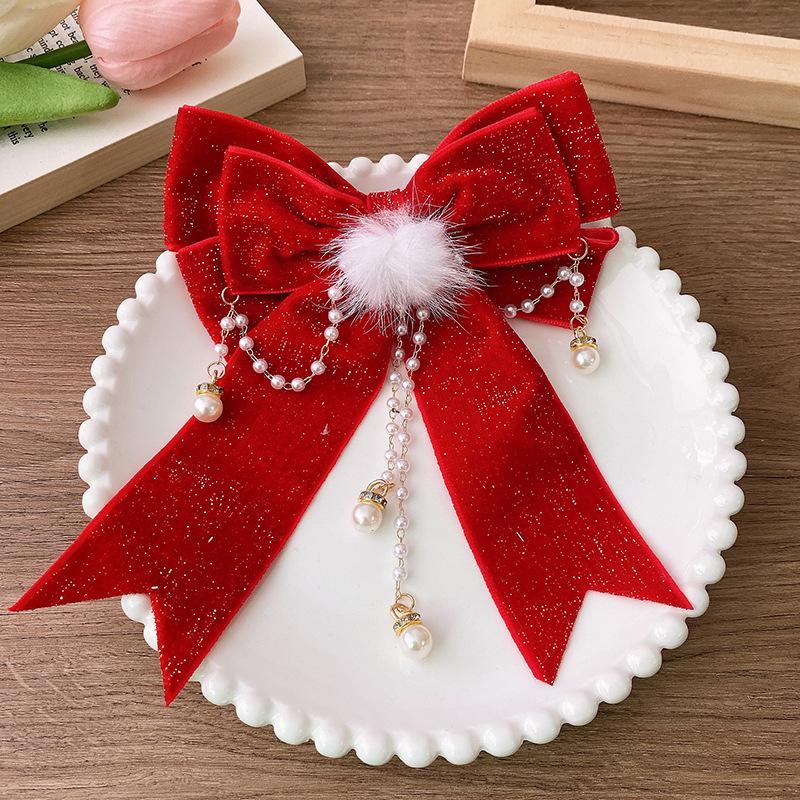 Lace Bowknot Hair Clips For Girls Sweet Versatile Stylish Year Ponytail Hairpin Red Velvet Korean Kids Princess Headwear