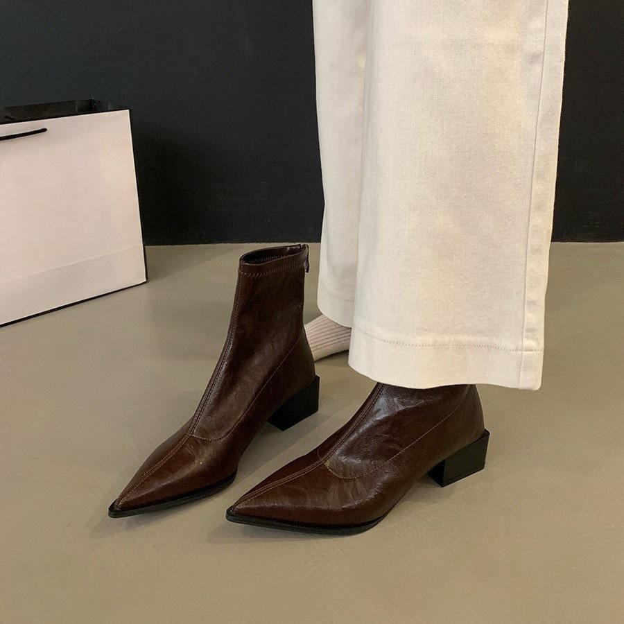 Pointed High-heeled Korean Small Ankle Boots Short Boots Women's Shoes 2024 New Spring and Autumn Single Boots French Brown Thin Martin Boots