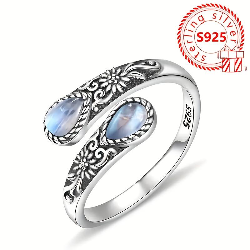 [Sterling Silver Ring] Vintage Bohemian 925 Sterling Silver Moonstone Spoon-Shaped Ring | Adjustable Butterfly Closure, Daily Wear & Gift for Her, Inc