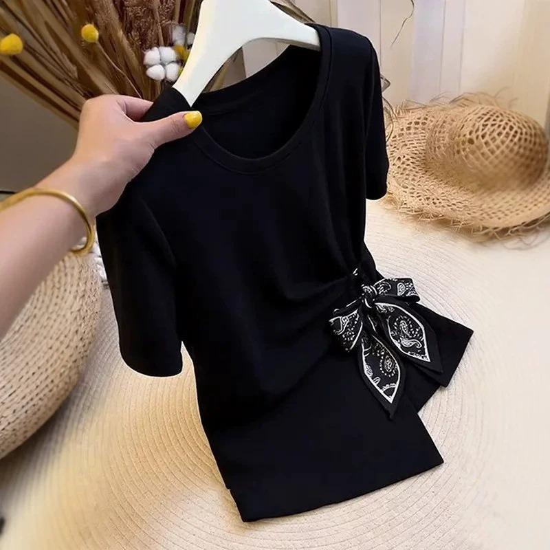 New fashion irregular waist lace-up short-sleeved T-shirt women's summer large size unique beautiful top
