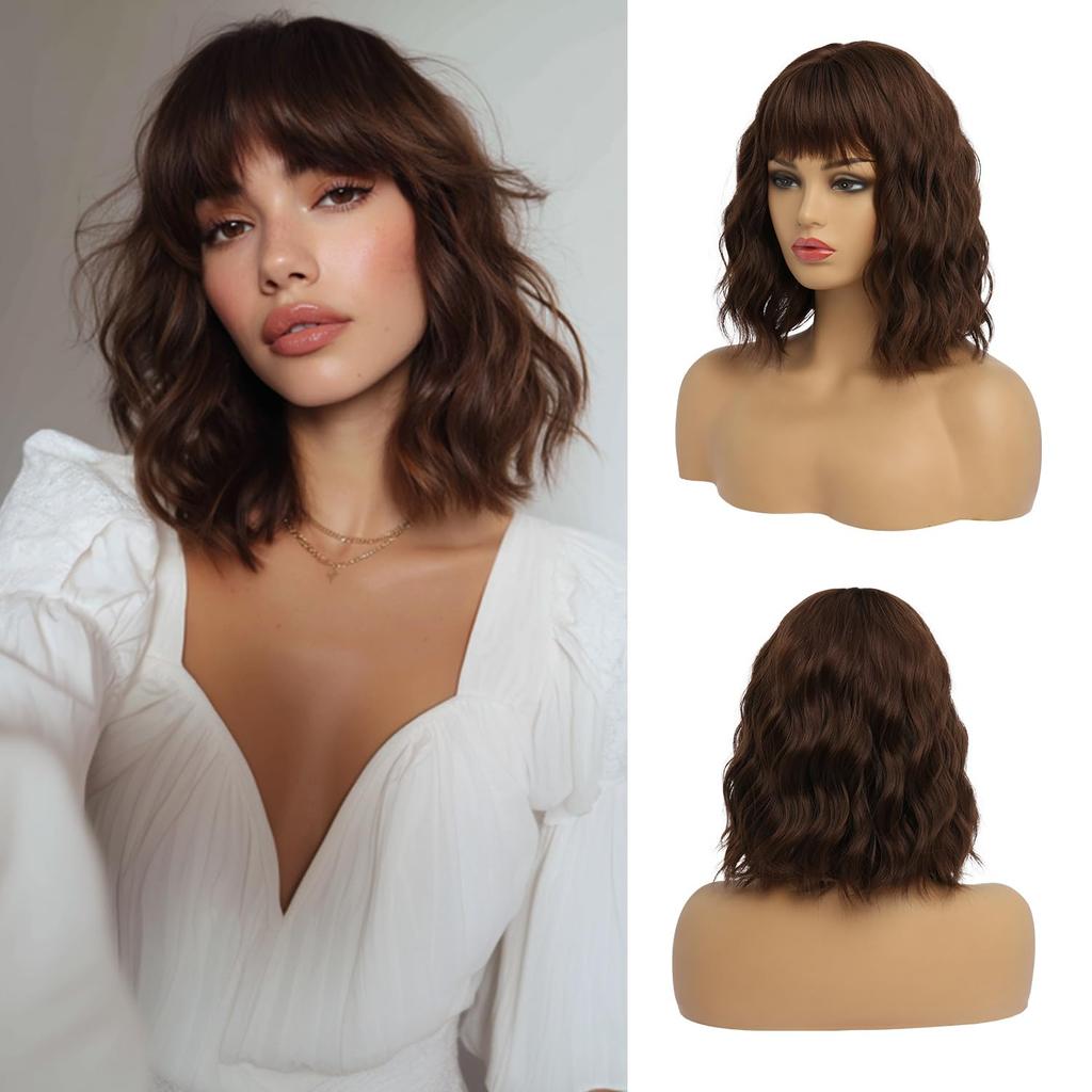 Short Wave Bob Wigs for Women with Bangs Medium Lenth Synthetic Natural Hair Wig for Daily Party Use