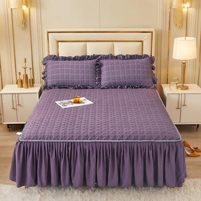 Solid Color Quilted Polyester Bed Sheet Bed Skirt Dual-use Bed Cover Simple Princess Style Kit Non-slip Dust-proof MattressCover