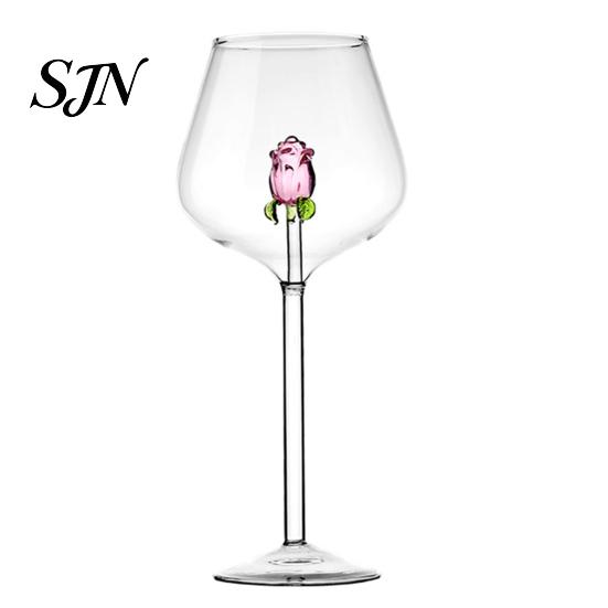 Bicchieri di Lusso per Feste Bicchiere da Vino Rosso con Rose e Foglie Verdi Decorato, Calice Trasparente Squisito Design Floreale, Bicchiere Decorativo,