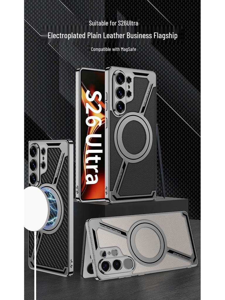 Samsung S26 Ultra Z-Shaped Electroplated Leather Case with Magnetic Ring