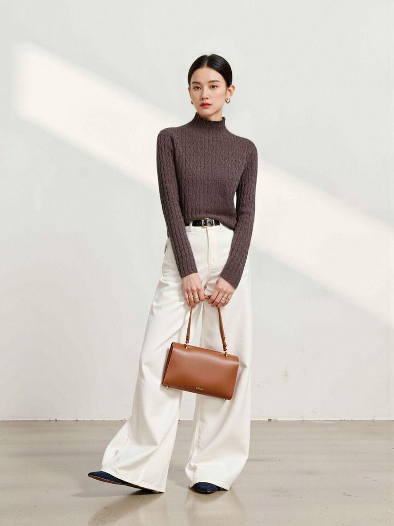 Women's Thick Cable Knit Cashmere Sweater - Half-High Neck Pullover for Autumn & Winter