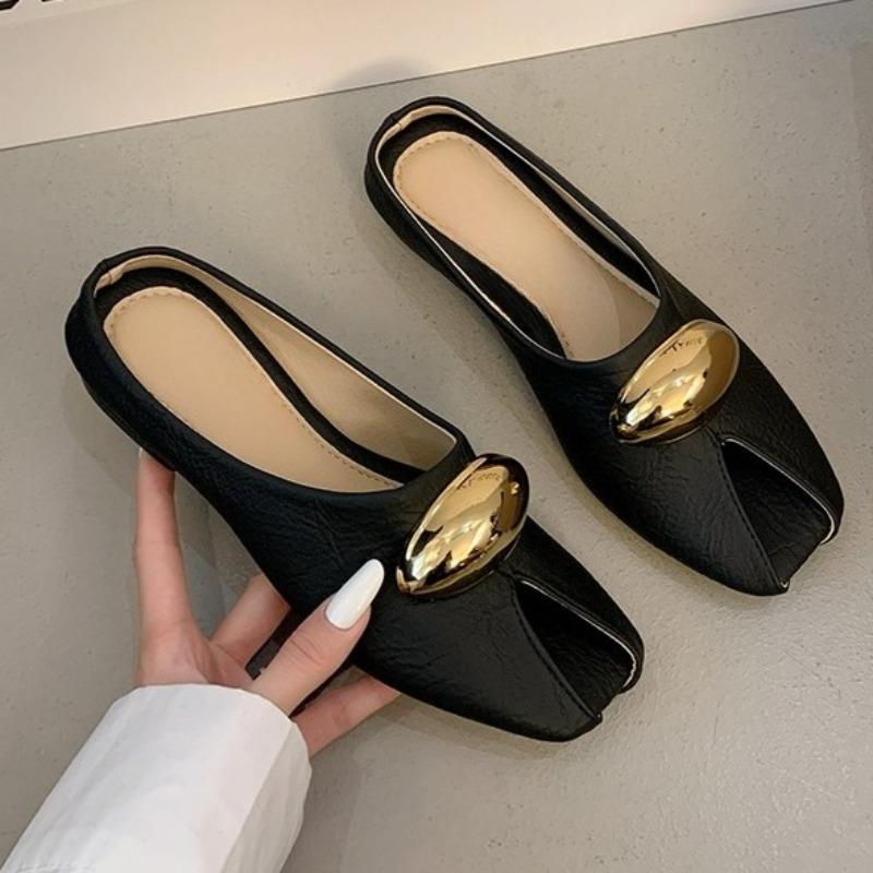 Fashion Metal Buckle Square Toe Low-heeled Slippers Summer New Wrapped Head Foot Soft Sole Anti-slip Wear-resistant Cool Mopping