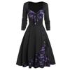 Women  Party Dress Flower Lace Insert Mock Button Bowknot Vintage Dress