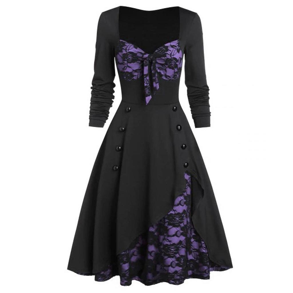 Women  Party Dress Flower Lace Insert Mock Button Bowknot Vintage Dress