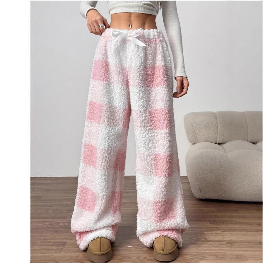 European & American Style Casual Plaid Pants - Velvet Lined for Winter Warmth