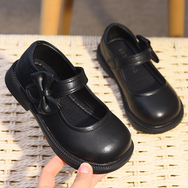 Spring 2026 Girls' Leather Princess Shoes - Fashionable, Soft Sole, Little Black Dress Shoes for Children