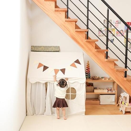 NINEHILLS Kids' Tent, HOME, Greige, Outdoor Camping Teepee, Stylish, 100% Cotton, Wooden Tent House for Kids, Foldable, Indoor Use, Kids' Corner,