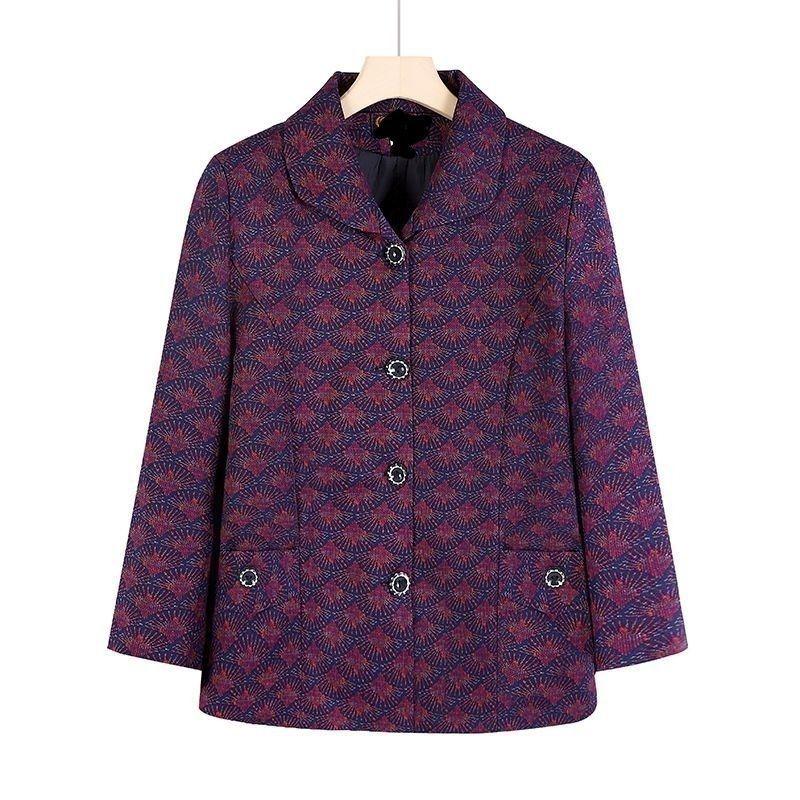 Single-piece Coat Middle-aged and Elderly Women's Lapel Printed Top Open Button Long Sleeves
