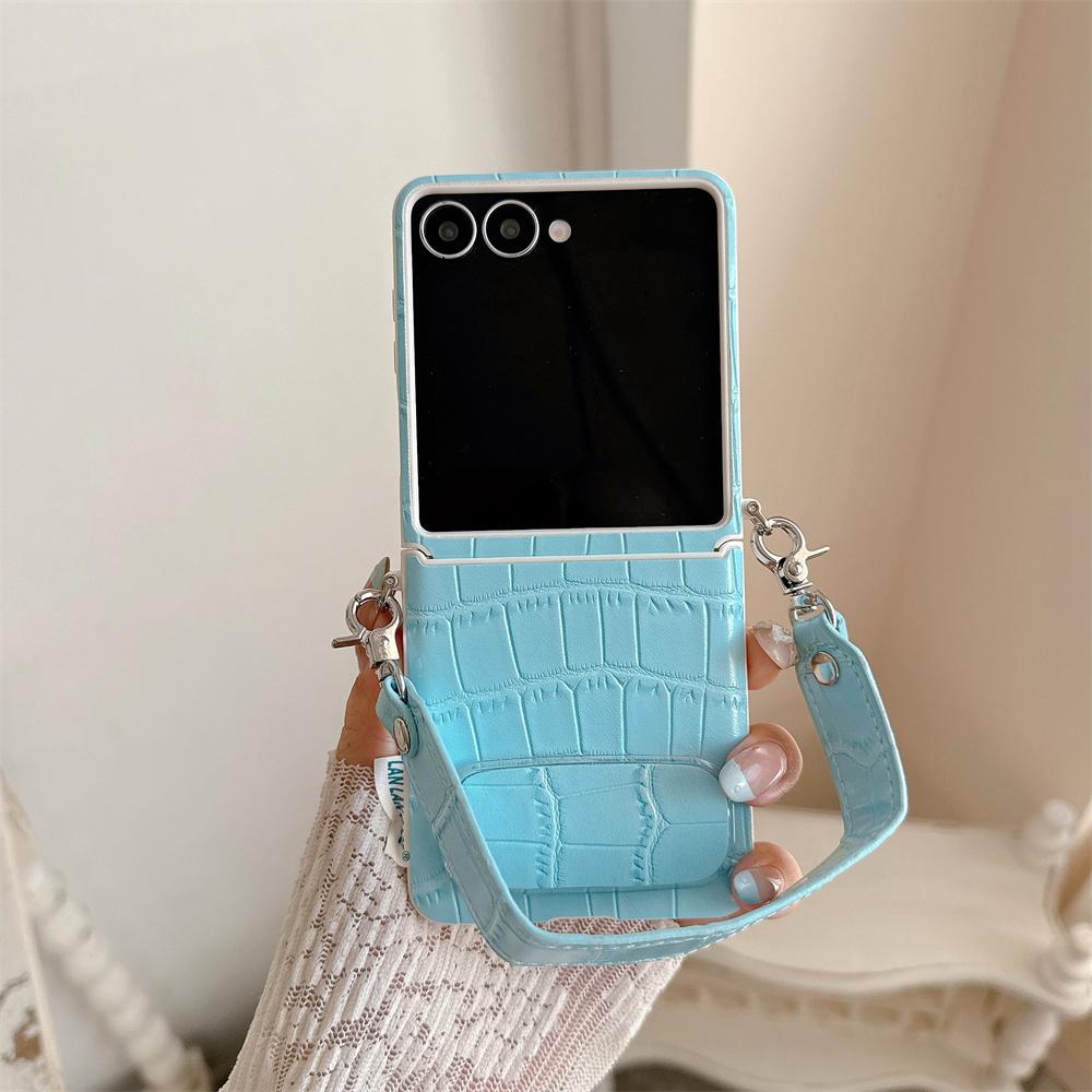 Pastel Crocodile Embossed PU Leather Mirror Bracket Phone Case for SamSung Galaxy Z Flip 8 7 6 5 Hand Wrist Strap Protect Cover