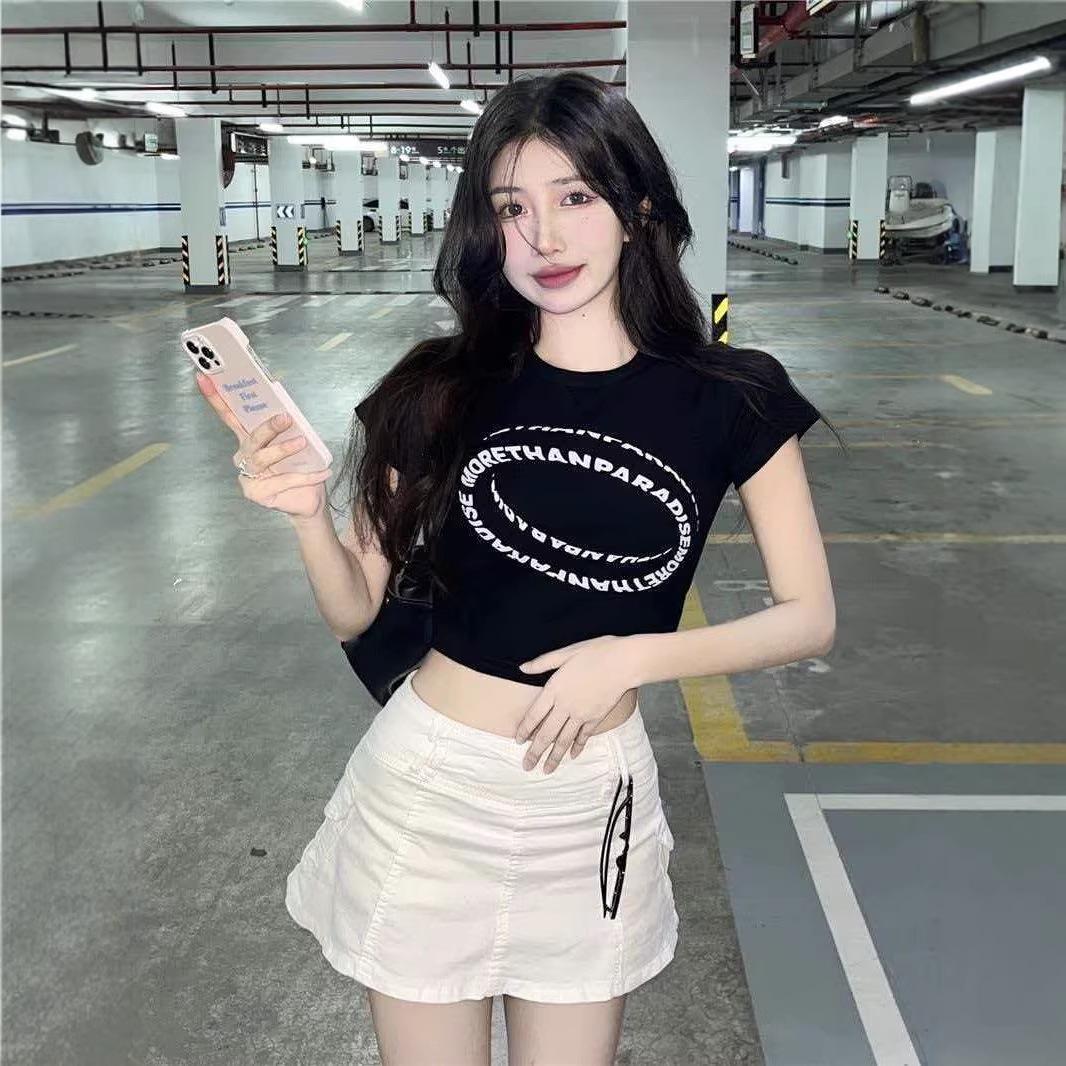 

Y2K trendy brand Spice Girl open-button printing short-sleeved T-shirt summer new letter unique short chic top M