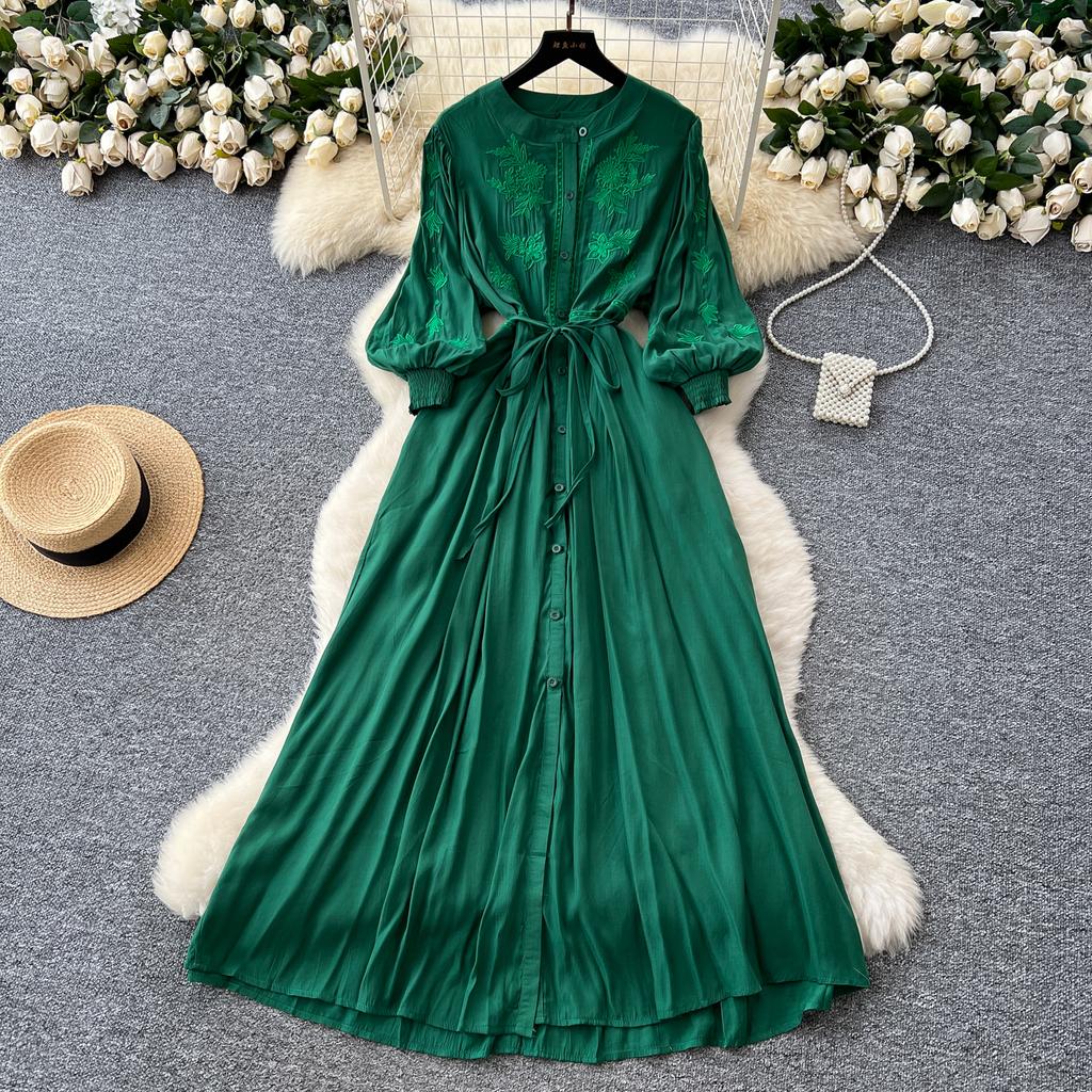 Vintage Elegant Embroidered Button Dress A-line Chic Casual Beach Vacation Women Summer Dresses