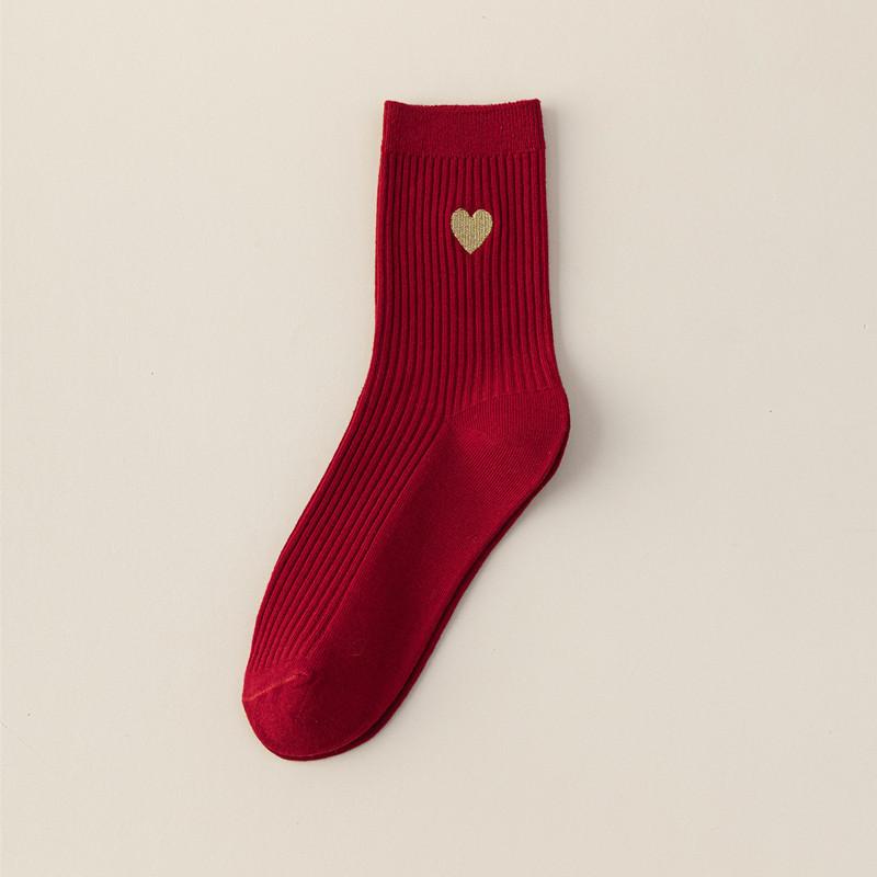 Bright Red Men's and Women's Pure Cotton Double-needle Mid-calf Socks, New Year Autumn and Winter Pile Socks