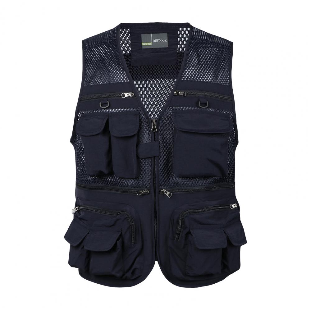 Men Cargo Waistcoat V-neck Sleeveless Zipper Placket Vest Coat Solid Color Mesh Stitching Multi Pockets Fishing Hiking Waistcoat