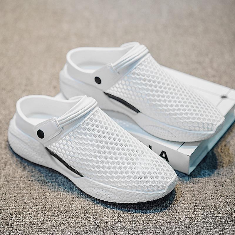 Sandals Men's Summer New Single-mesh Breathable and Lightweight Outer Wear Half-tray Sneakers Deodorant Hollowed-out Mesh Beach Shoes