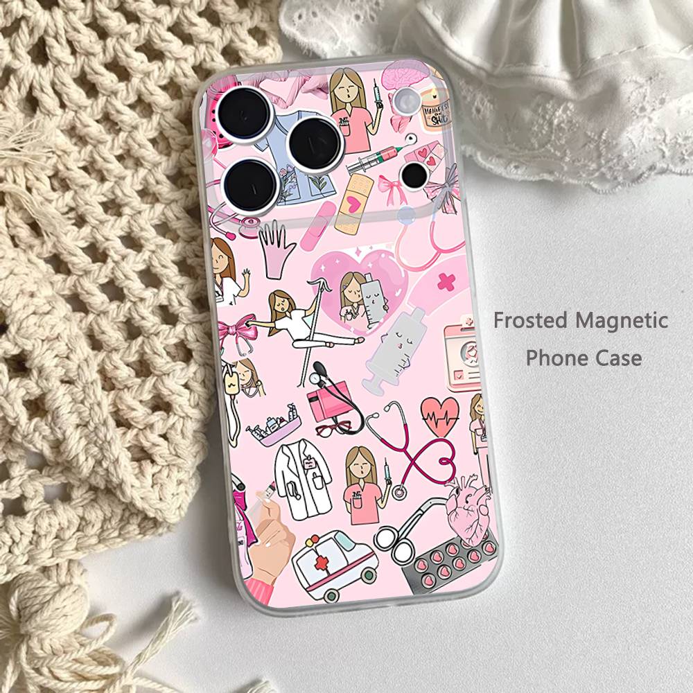 Medicine Doctor Nurse Cartoon Frosted Clear Magnetic Case for iPhone 17,16,15,14,13,12,11 Pro,Max,Plus,Mini,Air,E