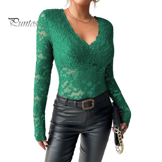 

Женские топы, однотонная рубашка с V-образным вырезом и длинным рукавом, прозрачная вышитая кружевная повседневная рубашка с цветочным узором S темно-зеленого