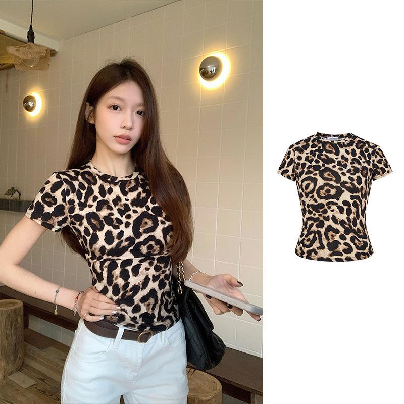 

Southeast Asian Leopard Print Slim Short-Sleeve T-Shirt - Korean Style Summer Fit for Women XL [60-67.5kg]