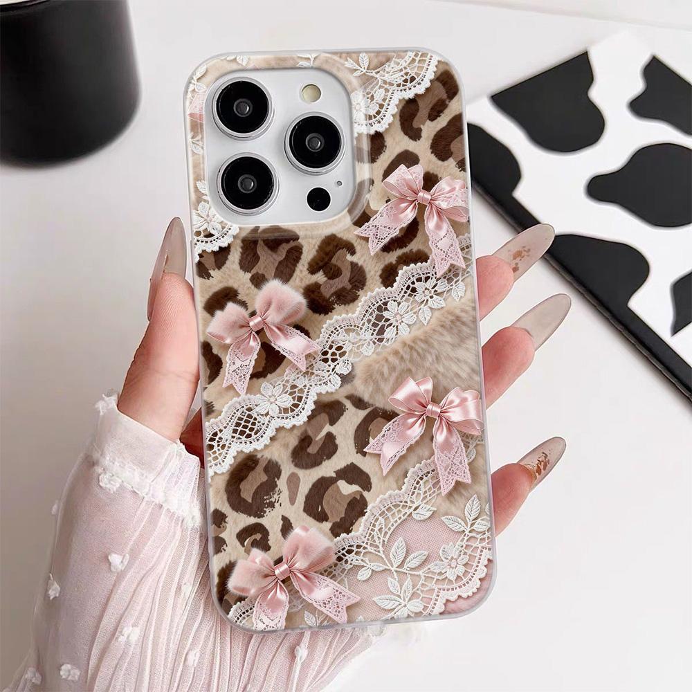 INS Lace leopard print bow Silicone Phone Case For iPhone 17 17Air iPhone 13 11 14 12 15 16 Pro Max Shockproof Soft Cover Funda
