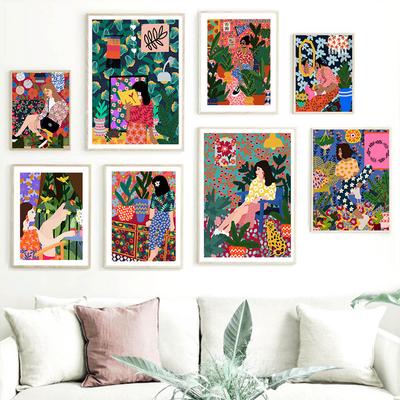 Astratto Colorato Moda Ragazza Pianta Arte da Parete Pittura su Tela Nordico Boho Moderno Poster e Stampe Immagine per Decorazione Soggiorno