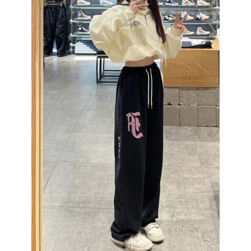 Cotton Large-size Printed Casual Sports Pants for Women In Autumn and Winter New Loose Design and Personality Dark Gray Straight Pants