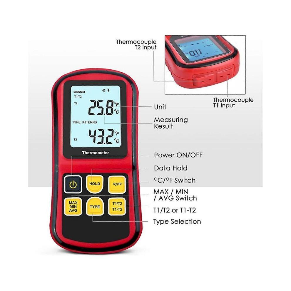 Digitales Thermoelement-Thermometer Typ K, mit 2 Temperaturklemmen und 2 verdrahteten Thermoelement-Sonden