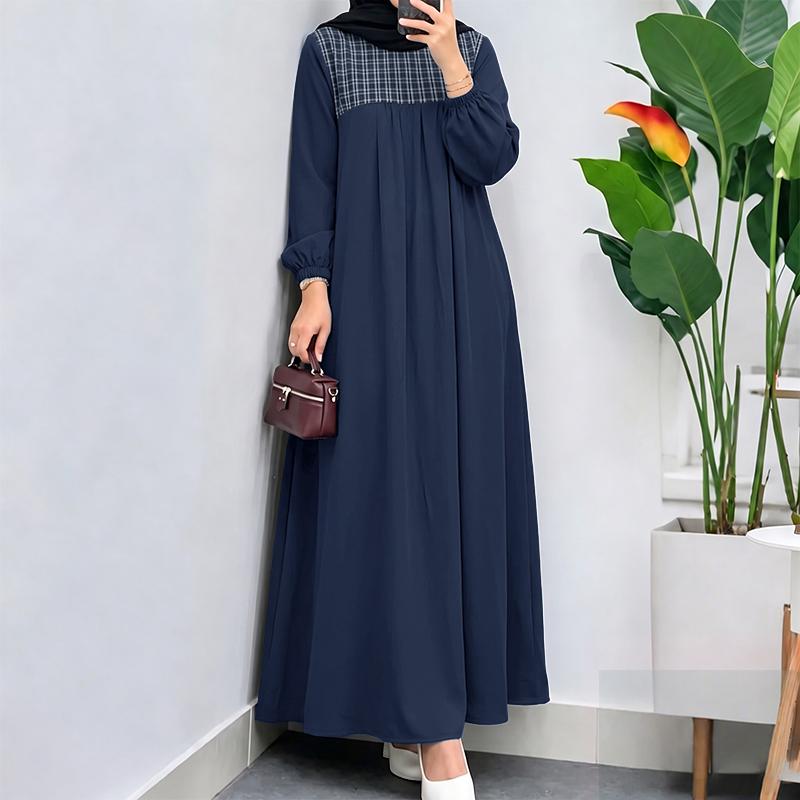 ZANZEA Women Plaid Print Patchwork Casual Round Neck Long Sleeve Loose Muslim Dress S