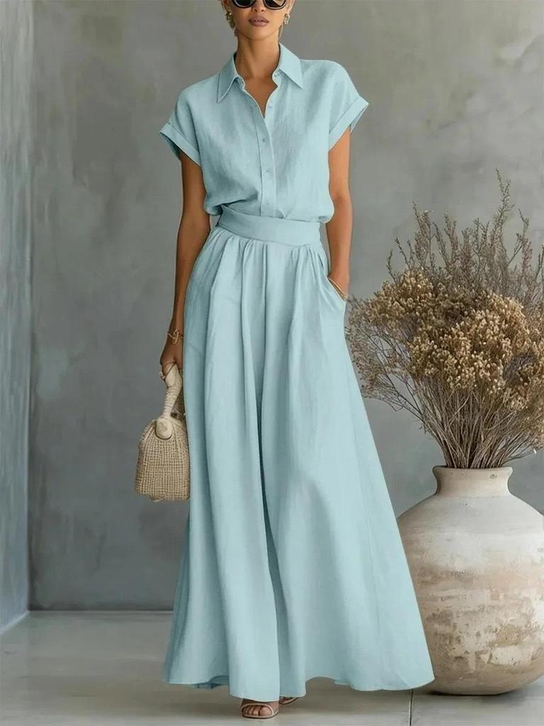 European & American Cotton-Linen Button-Down Shirt + High-Waisted Wide-Leg Pants Set
