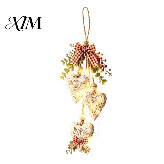 Wooden Hanging Ornaments for Home Heart-Shaped Decorative with LED Light, Rustic Farmhouse Heart Wall Pendant Indoor Decorations Bedroom Vintage Beads