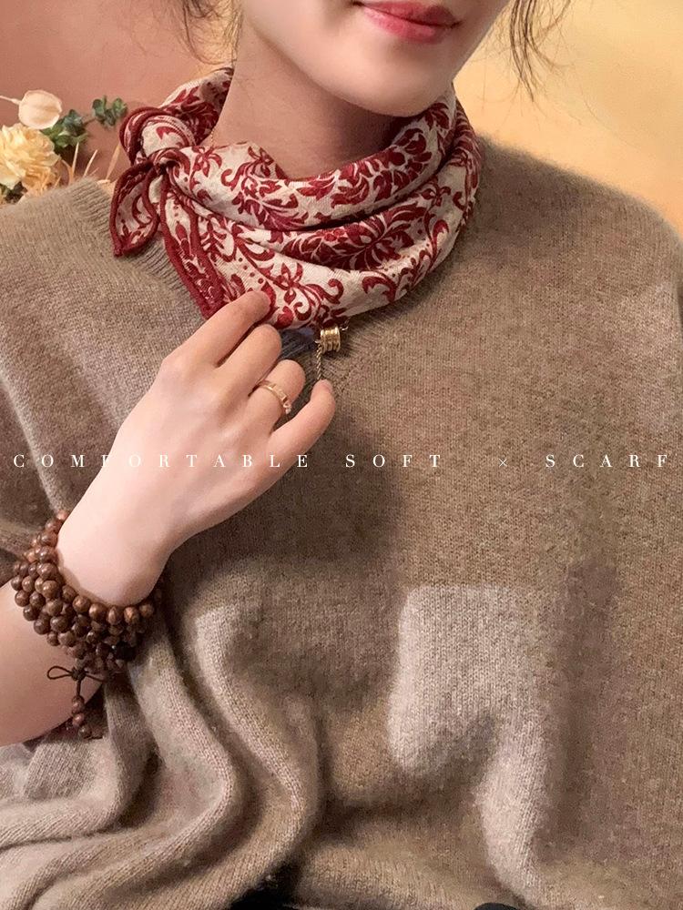 Silk wool square scarf scarf shawl classical art red versatile silk wool scarf women s spring and autumn warm silk scarf 65cm