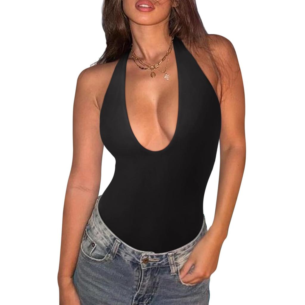 Shapewear Bodysuits for Women Sexy Sleeveless Halter Tops Summer V Neck Leotard Going Out Backless Bodycon One Piece Body Shaper