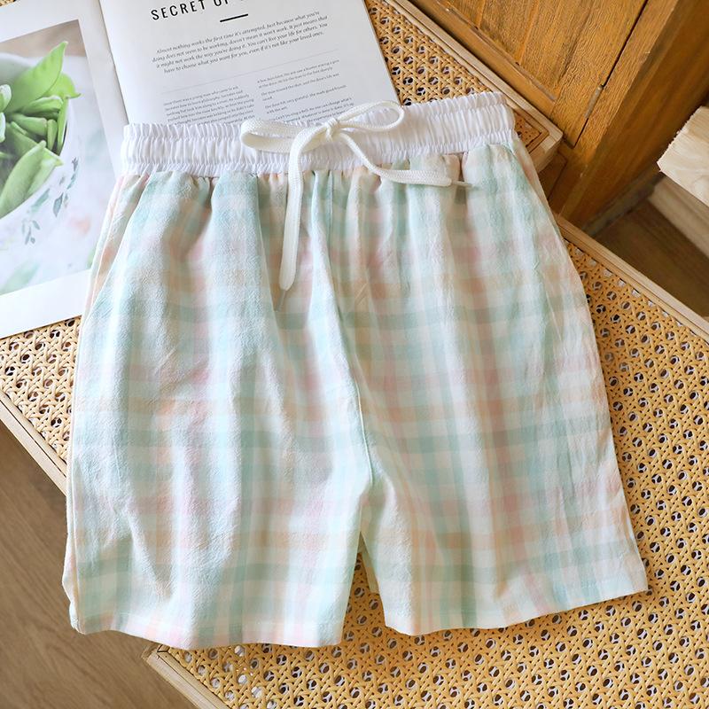2026 Neue Damen Sommer-Schlafanzüge 100% Baumwoll-Musselin Karomuster Spitze Spleißshorts Dünn, Einfach und Niedlich Hausanzughose