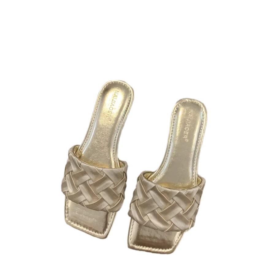 Summer with skirts, small sandals, and women's shoes. New silver square-headed open-toed soft flat-bottomed one-word slippers.