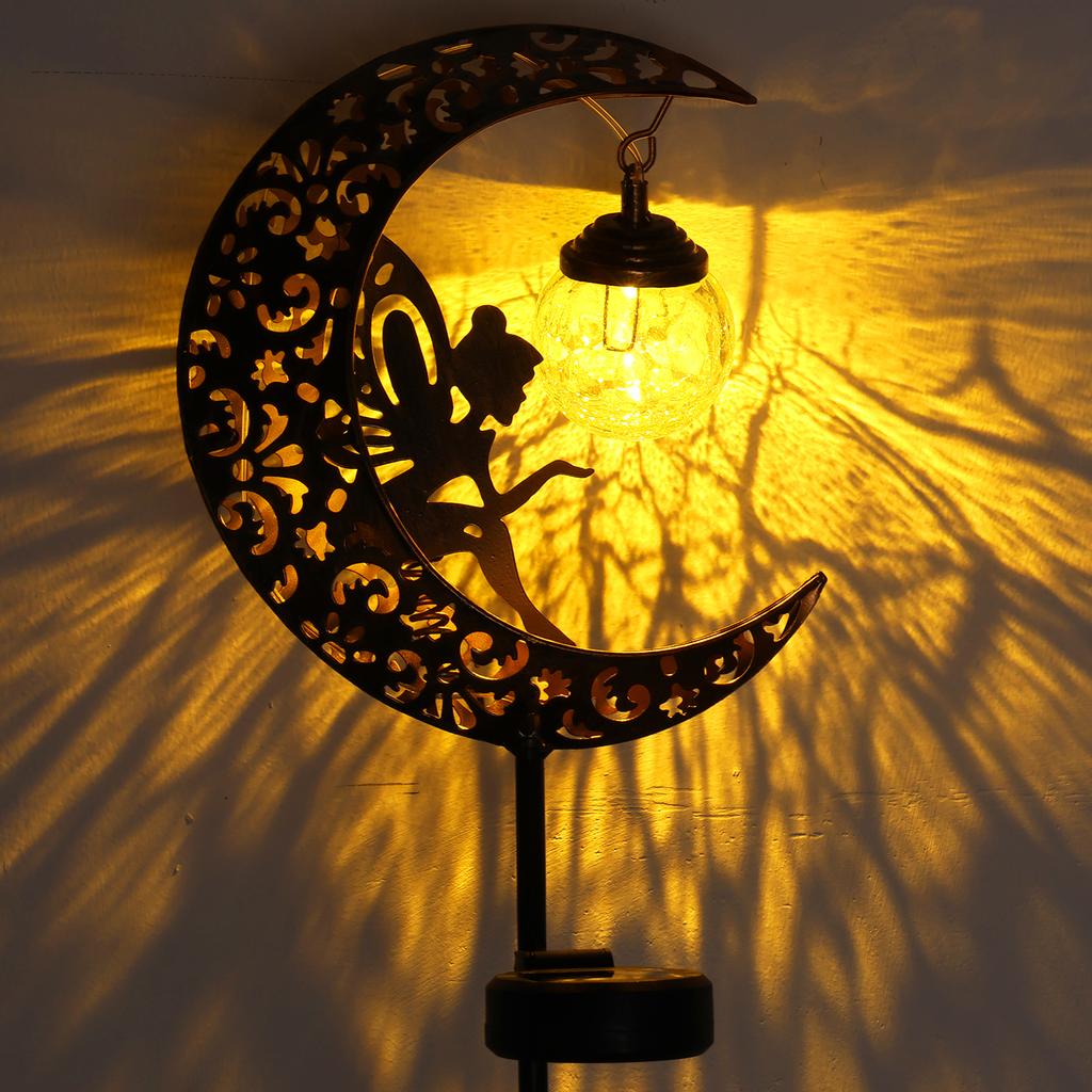 Solar Garden Lights Moon Fairy Crackle Glass Stake Lights Waterproof Warm White LED Metal Decorative Lights Outdoor Pathway
