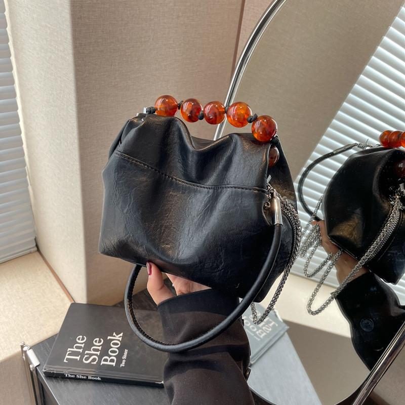 2024 New Contrast Color Chic Ruched Handbag Beaded Chain Bag Street Style Trendy Bucket Bag