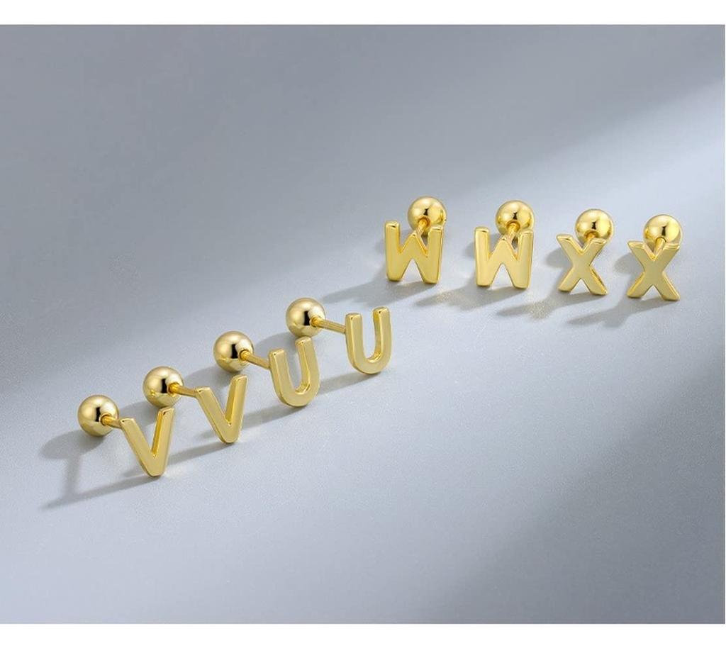 Rockyu Earrings for Pure Silver 1 Pair Alphabet 925 Women, Popular, Hypoallergenic, Initial, Earrings, Earrings, Silver, Simple, Screw-on (A,Silver)