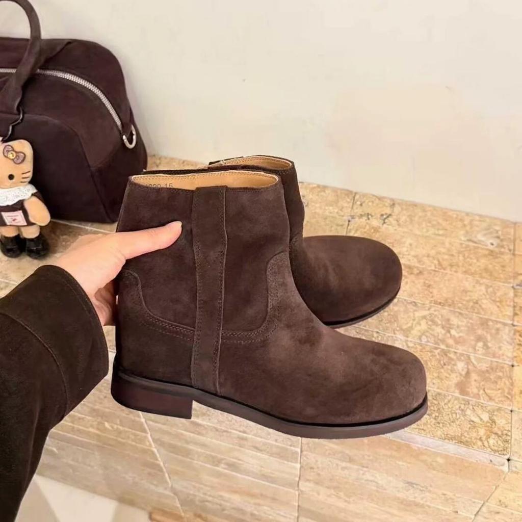 Sheepskin Version~ Retro Suede Face Round Head Thick Heel Sleeve Martin Boots Short Boots Women's Versatile Western Cowboy Boots