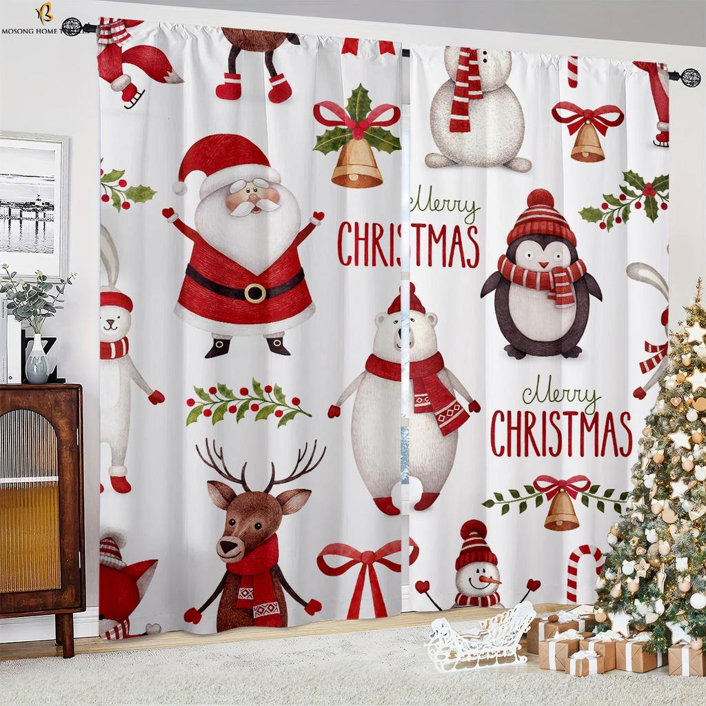 Weihnachtsvorhänge Weihnachtsmann Schneeflocke Kugel 3D-Vorhänge Schlafzimmer Restaurant Neujahr Feiertagsfeier Dekoration Vorhänge 2 Stück