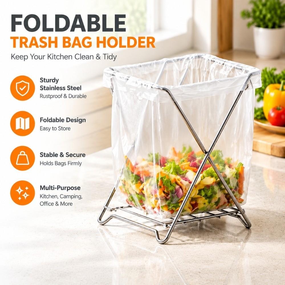 Foldable Garbage Bag Holder Freestanding Waste Organizer Stand for Kitchen Counter Office Desktop