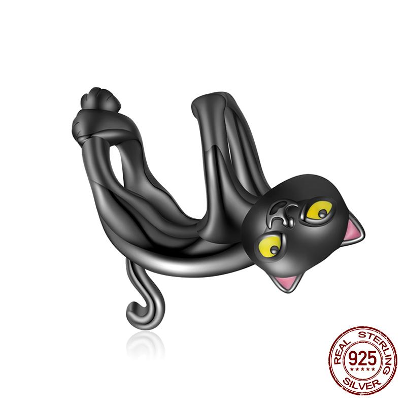 WOSTU 100% 925 Silver Cute Kitty Black Cat Charms Animal Bead for Women Fit DIY Bracelet Necklace Jewelry Gift