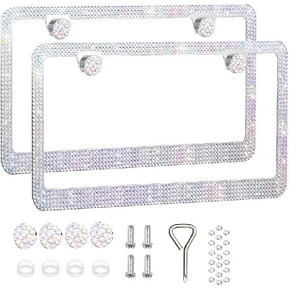 2 Pack License Plate Frames For Women, Sparkly Rhinestone Diamond Car Accessories With Glitter Crystal Caps (Purple (2PCS))