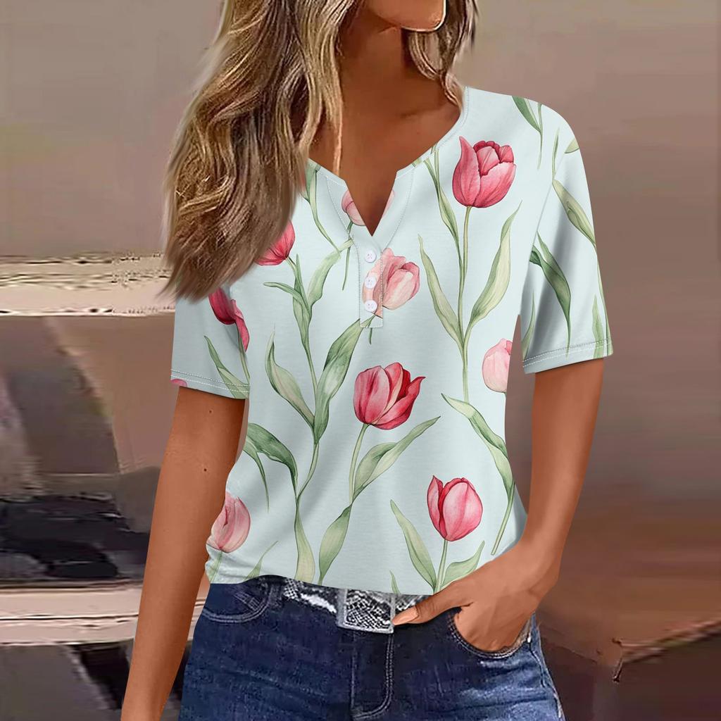 Women's T Shirt Tee Print Button Short Sleeve Daily Weekend Fashion Basic V- Neck Regular Top