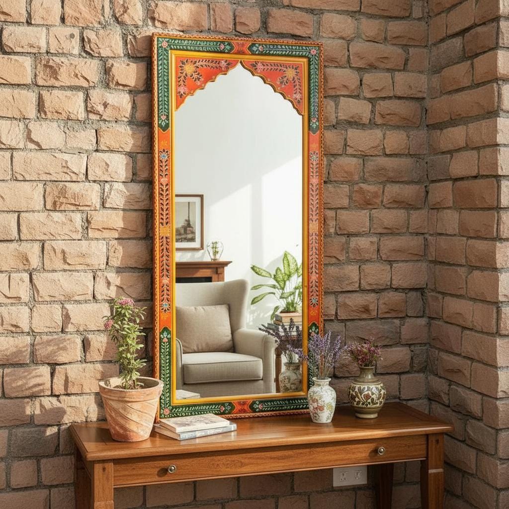 Wooden Painted Wall Decor Fram Mirror-Bedroom Mirror Home Decor Art Furniture | Wall Living Fram Decor Mirror-Indian Painted Beautifull Fram