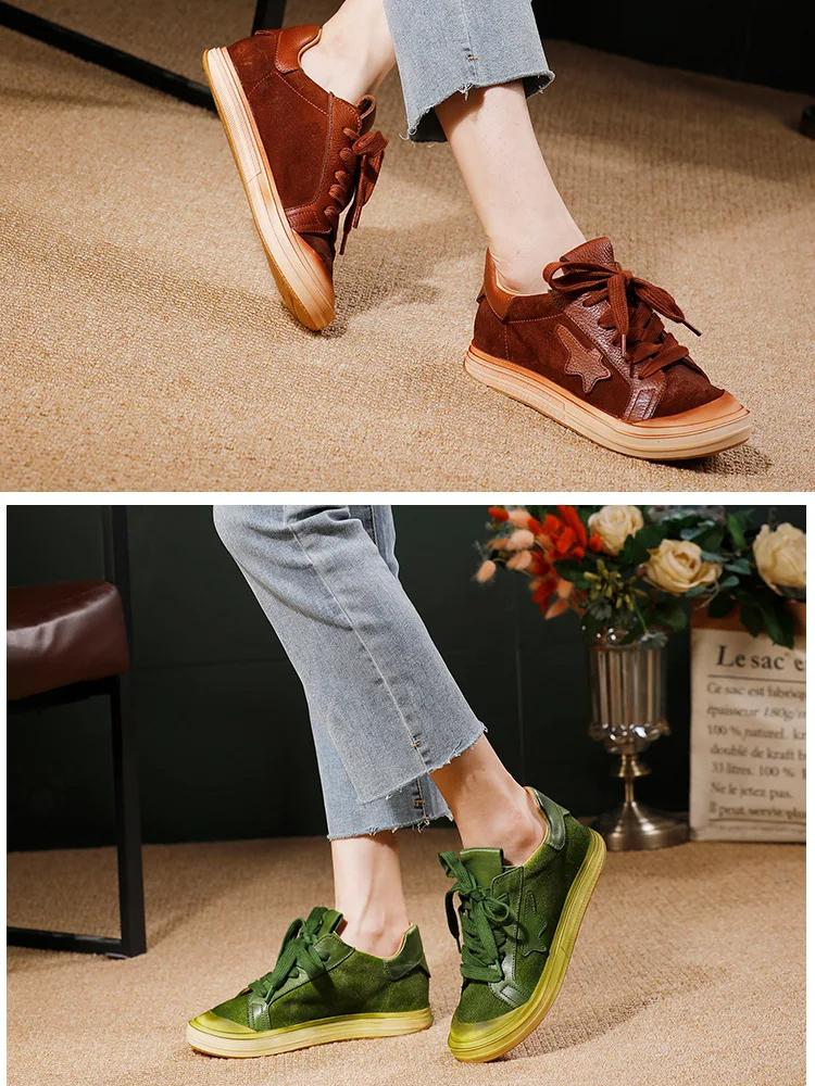 Johnature Versatile Women's Shoes Genuine Leather Solid Color Lace Up Casual Cowhide Soft Soled Flat Shoes