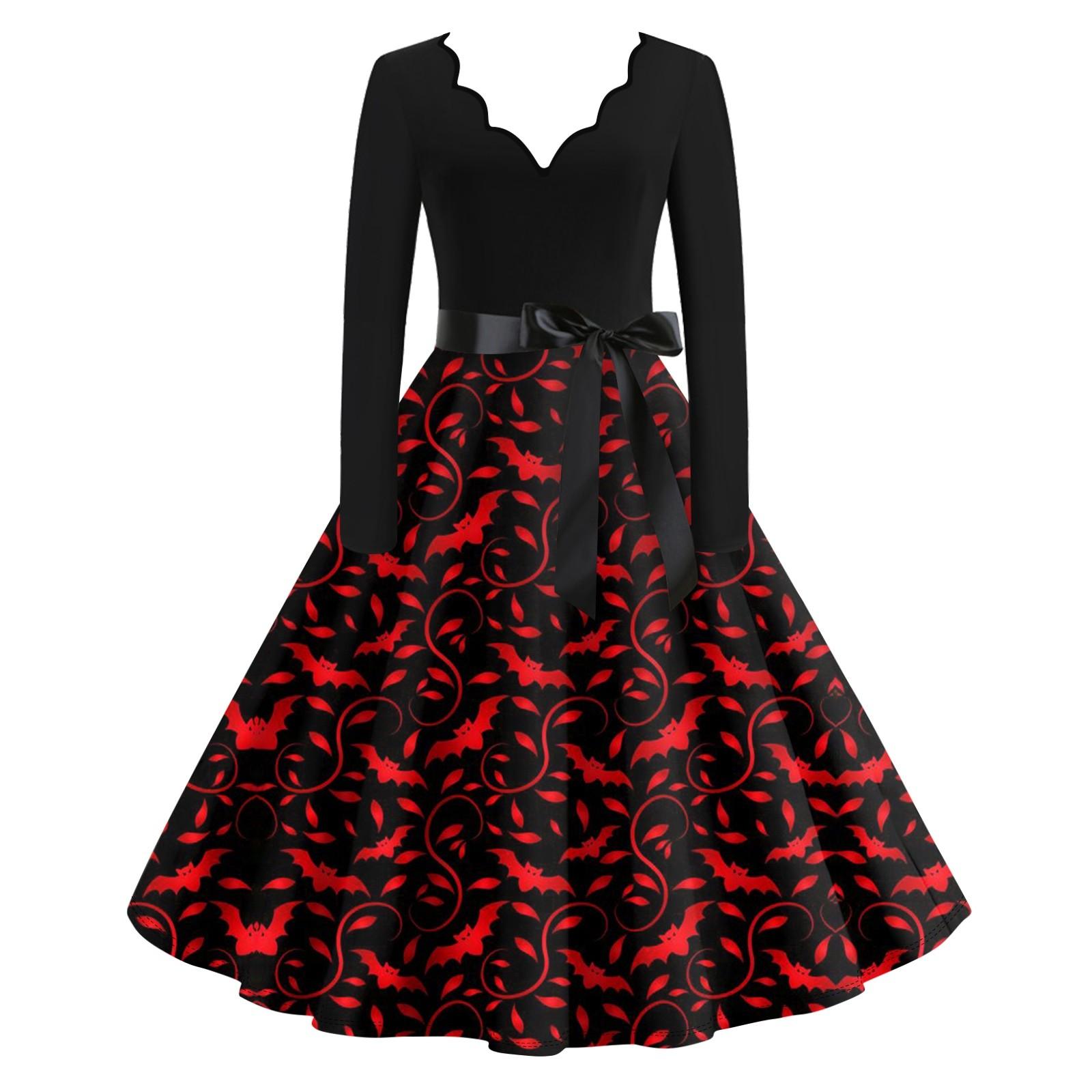 

Расклешенное платье с принтом Хэллоуина для женщин Платье с длинным рукавом Повседневные платья L красный